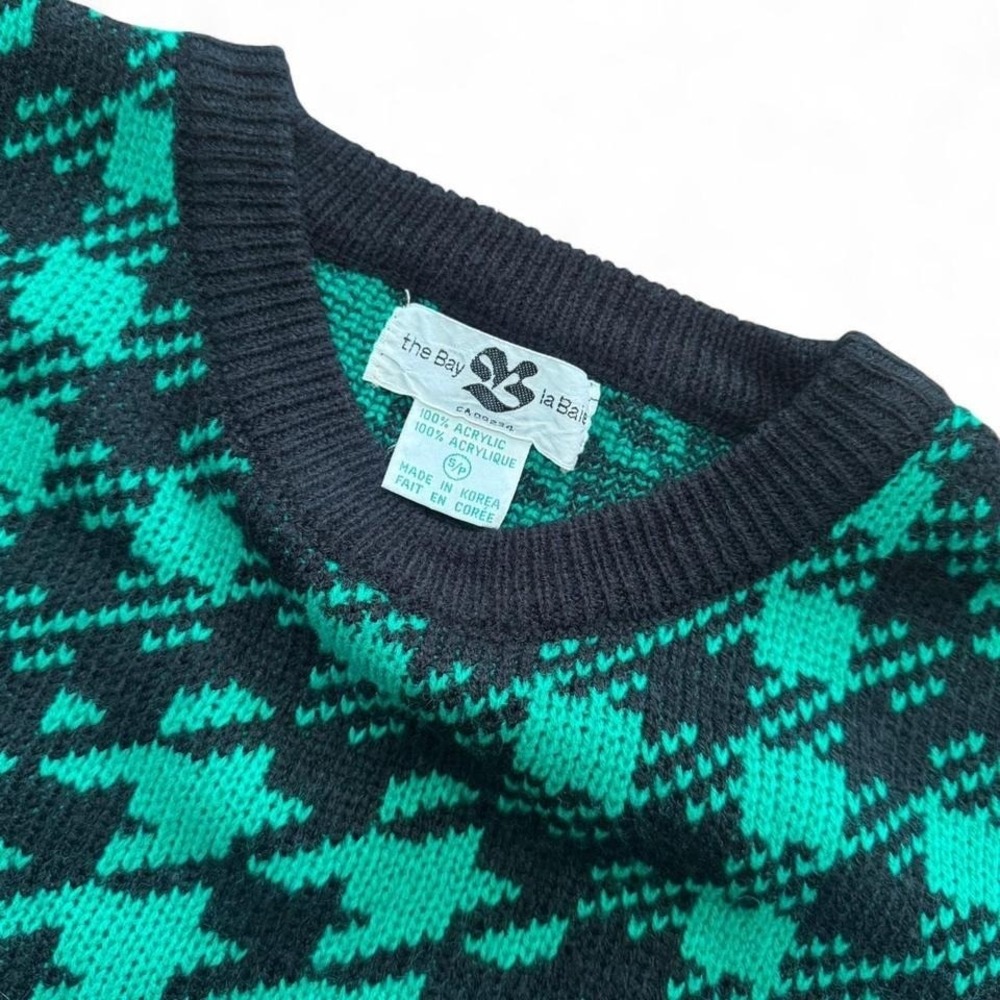 Vintage 90s Y2K Retro Hudsons Bay Green Black Houndstooth Knit Pullover Sweater - Picture 5 of 5